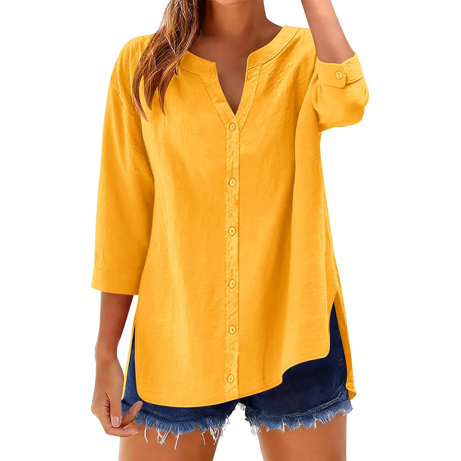 Lomon 3/4 Length Sleeve Womens Tops V Neck 3/4 Sleeve Sides Slit Button Down Shirts Cotton Linen Casual Loose Blouses