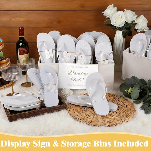 24/36/48 Pairs Flip Flops Bulk For Wedding Guests, Women Wedding Sandals & 1/2 Collapsible Linen Storage Bins & Display Sign, Comfortable Bride Slippers For Reception Beach Pool Party Favors
