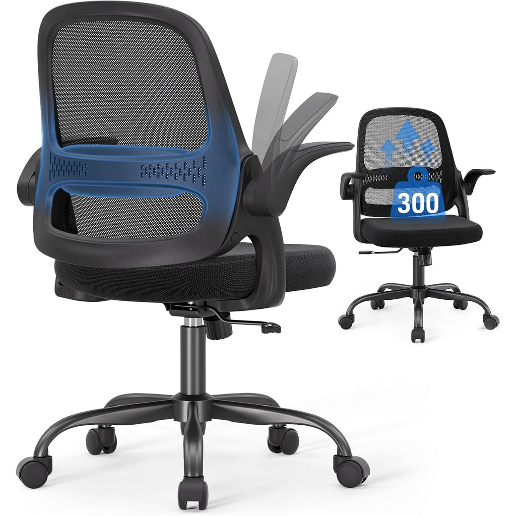 Ergonomic Mesh Office Chair For Home Office, Flip-Up Arms, Breathable Mesh Back & Thick Seat Cushion, Swivel Rolling Computer Desk Chair, Bifma Certified, Supports 300 Lbs (Black Frame/Black Seat)