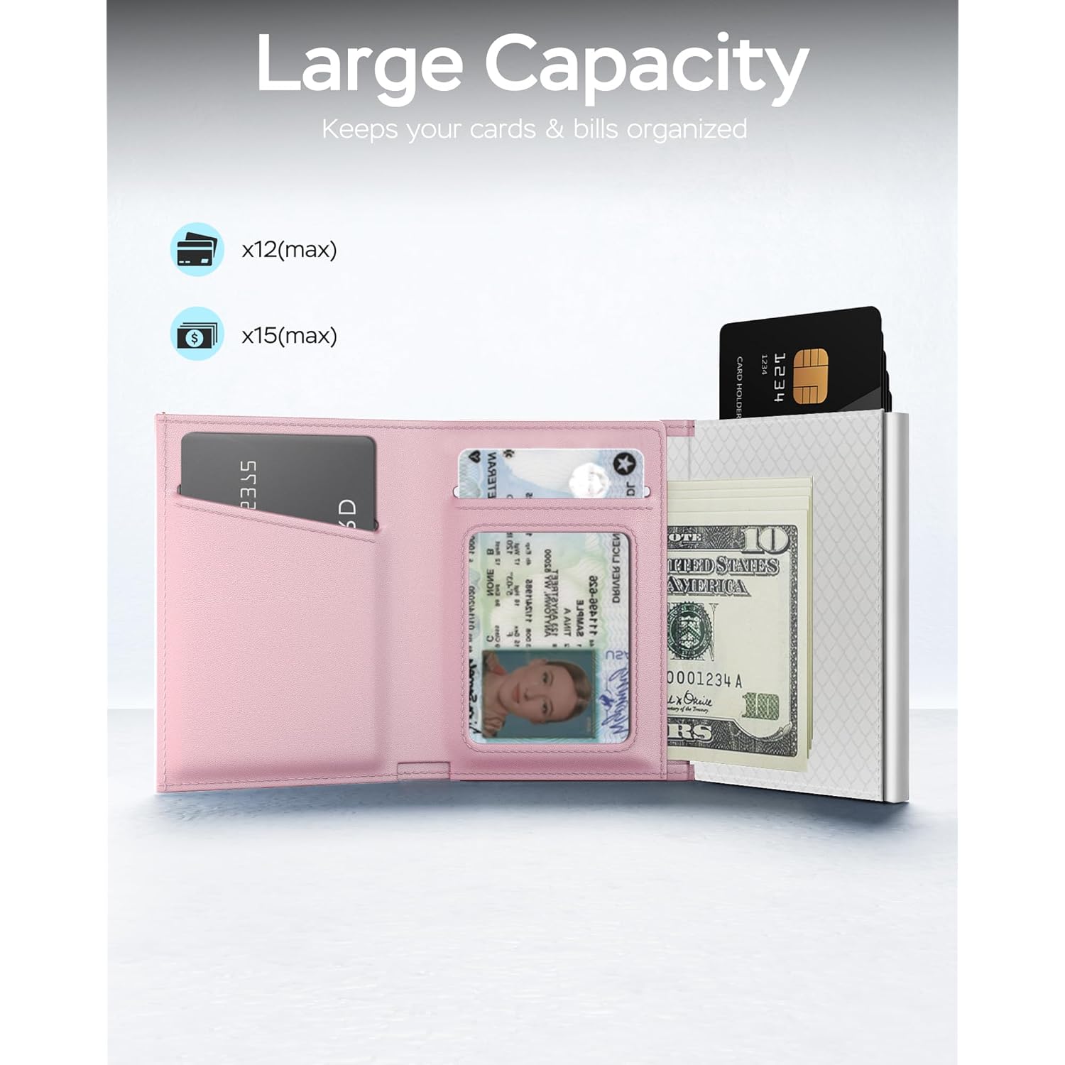 RFID Wallet for Women with AirTag Holder - Slim Small Trifold Wallets Anti-Theft Pop up Card Holder for Air Tag, Front Pocket, Minimalist, Premium Leather, Ultra Thin, ID Window, Cash Slot