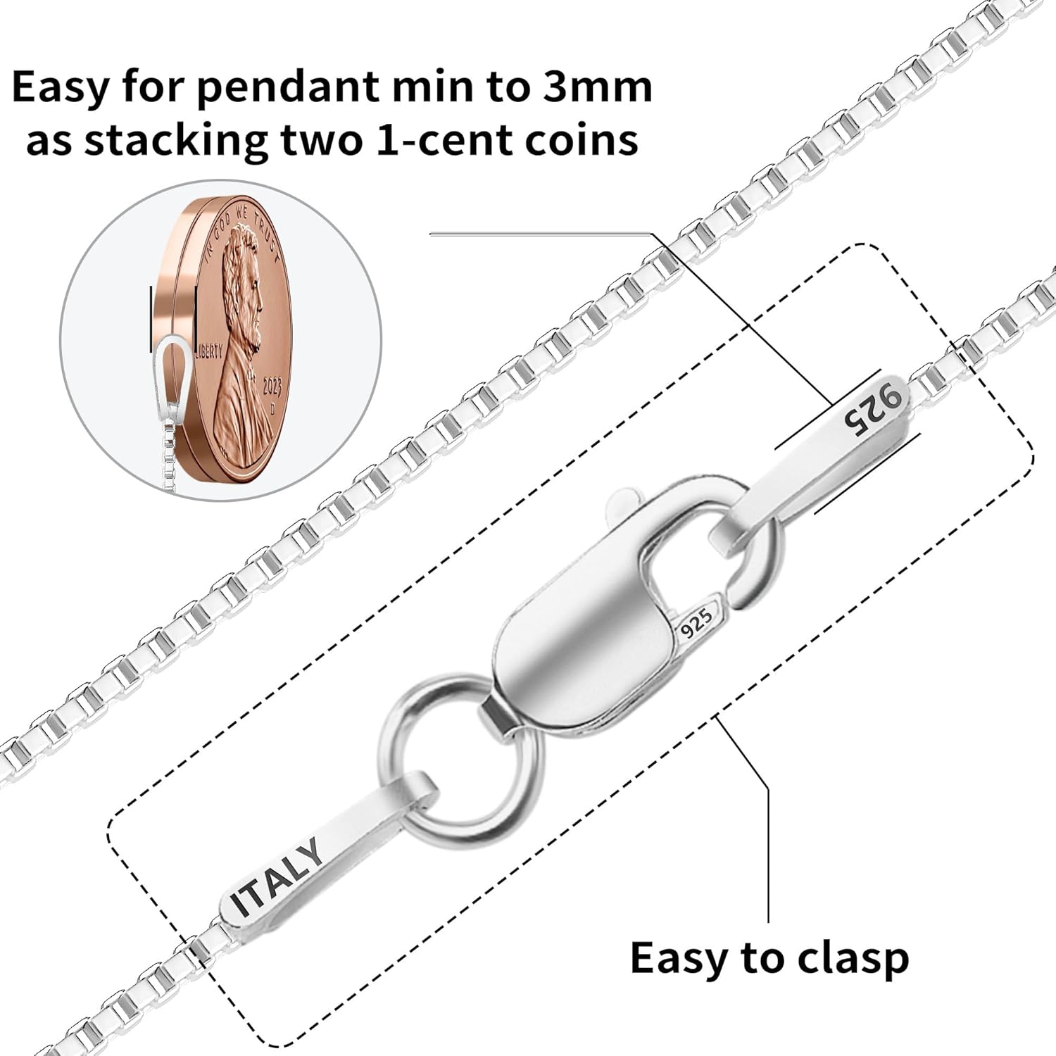 ASHINE 925 Sterling Silver Box Chain Necklace for Women, 1mm 0.8mm Replacement Link Chain for Pendants, Dainty & Sturdy Necklace Available in 16-36 Inch