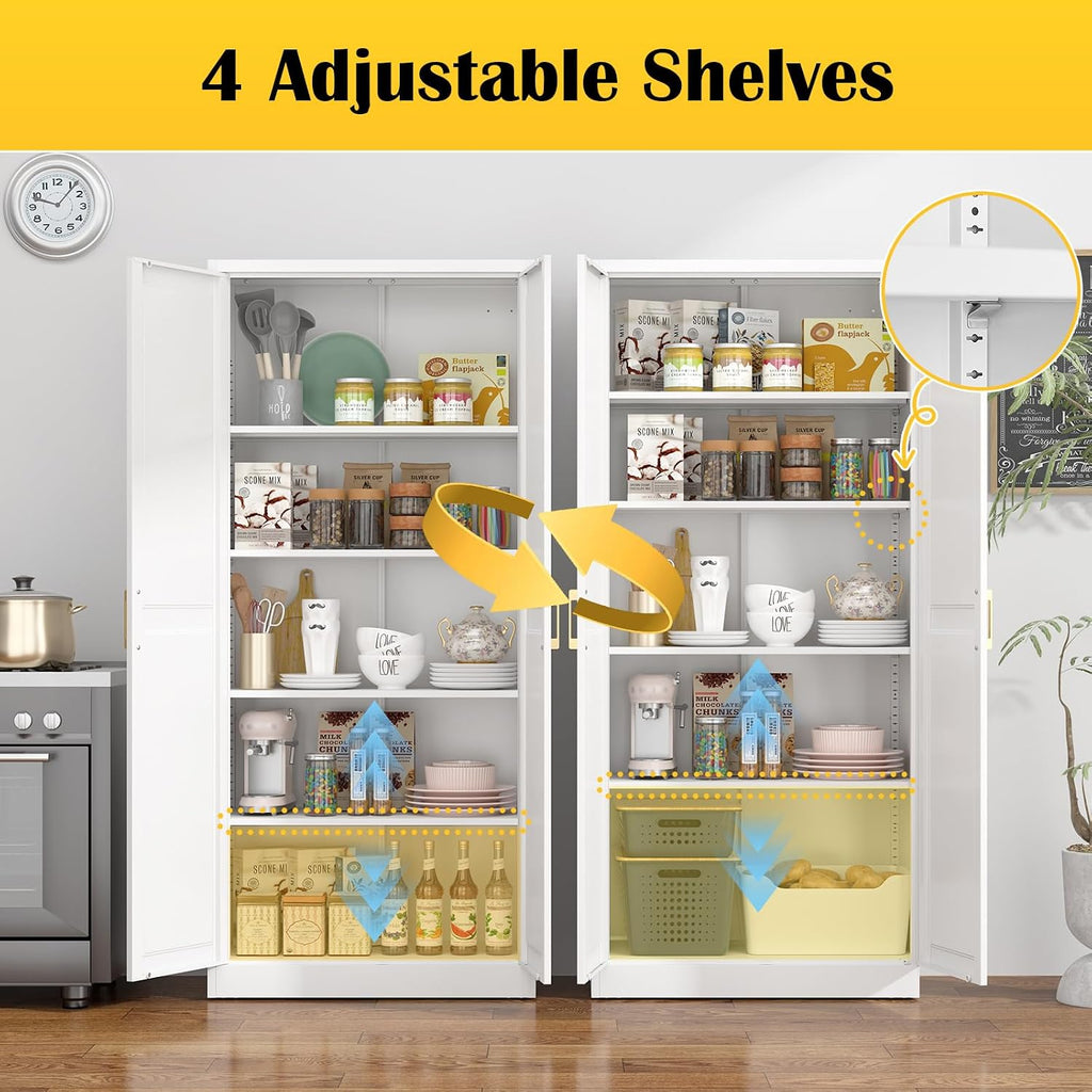 Kitchen Pantry Cabinet,71”White Metal Pantry Storage Cabinet With Doors And 4 Adjustable Shelves,Kitchen Cabinet With 2 Gold Handles,Tall Cabinet For Livingroom,Pantry, Bathroom,Kitchen