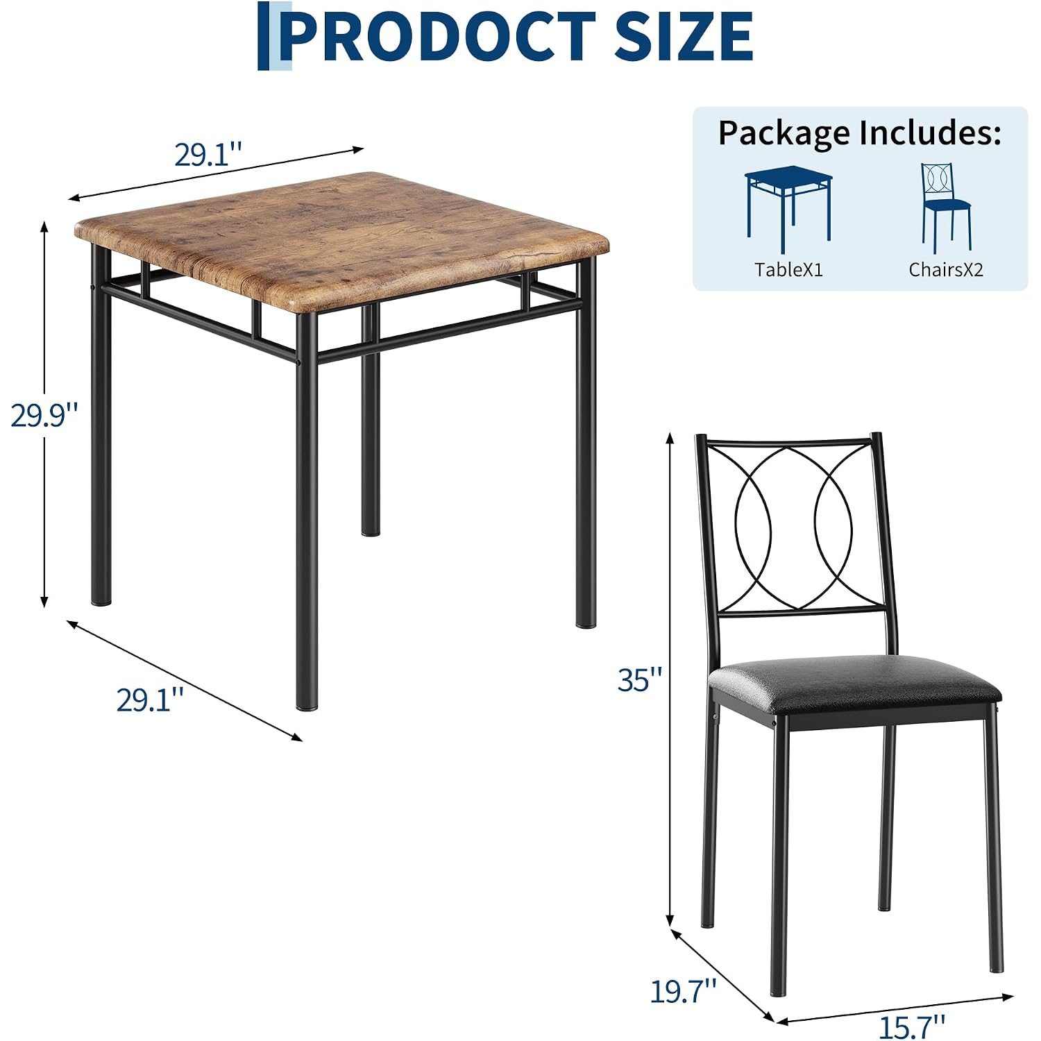 Idealhouse Space-Saving Dining Table Set For 2 – 3-Piece Farmhouse Wooden Table & Upholstered Chairs – Easy To Clean, Ideal For Apartments & Breakfast Nooks – Compact Dining Furniture – Vintage Color