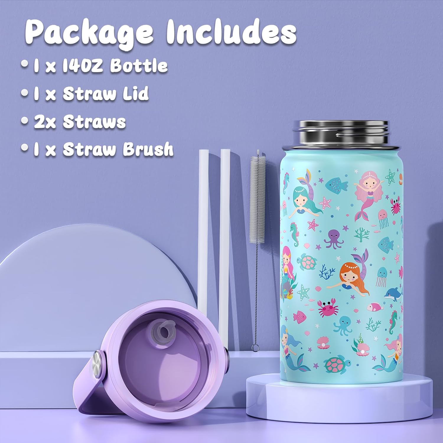 Acesak Kids School Backpack For Girls, Mermaids Bookbag Backpack With 14Oz Water Bottle, Lunch Bag Set For Girlsteens Middle Student, Girls Backpacks For School (Purple)