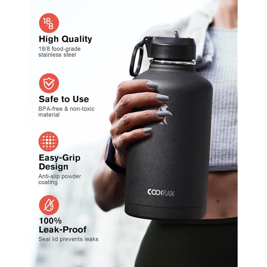 64 Oz Water Bottle Insulated With Straw & 3 Lids, Coolflask Large Metal Stainless Steel Water Jug Big Half Gallon Wide Mouth For Sports, Gym Or Hiking, Non-Bpa Keep Cold 48H Hot 24H, Magic Black