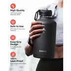 64 Oz Water Bottle Insulated With Straw & 3 Lids, Coolflask Large Metal Stainless Steel Water Jug Big Half Gallon Wide Mouth For Sports, Gym Or Hiking, Non-Bpa Keep Cold 48H Hot 24H, Magic Black