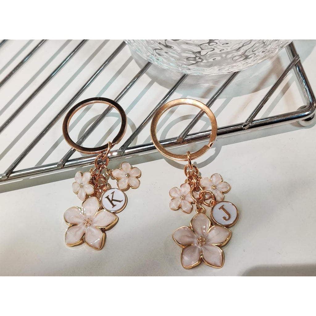 Pink/White/Black Cute Enamel Flower Initial Letter Bag Charms Keychain Aesthetic Accessory Keyring Purse Backpacks