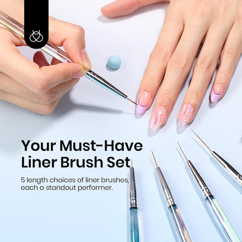 Beetles Nail Art Pens Brushes, 5pcs Nail Art Liner Brushes Set Painting Nail Dotting Drawing Tool for Long Lines, Details, Fine Drawing Sizes 7/11/15/20/25mm Gift for Women