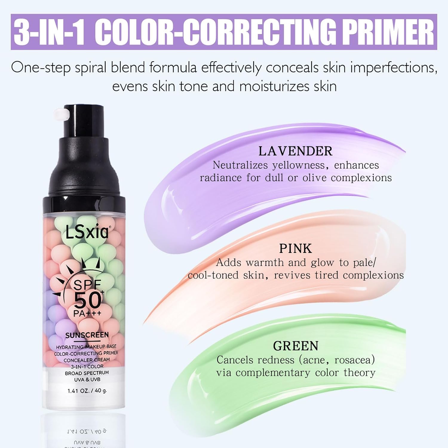 3 In 1 Primer for Face Before Makeup, SPF 50, Tinted Moisturizer Sunscreen Isolation Cream, One Step Color Corrector Makeup Primer, Color Correcting Concealer Oil Control, Base de Maquillaje, #01