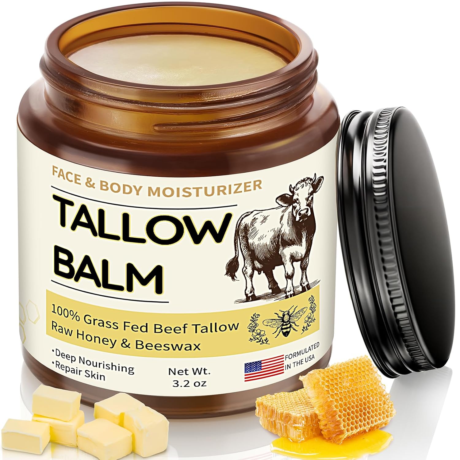 Veakoo Beef Tallow For Skin, Organic Whipped Tallow And Honey Balm, Grass Fed Beef Tallow Face Moisturizer, Natural Tallow Skin Care Cream Body Butter, Nourish And Soothe Dry Skin