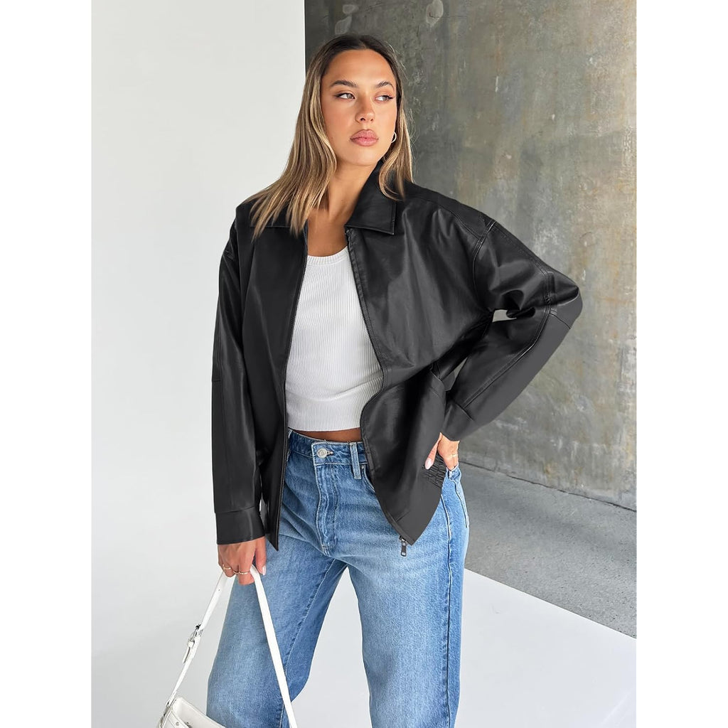 Trendy Queen Womens Oversized Leather Jacket Moto Bomber Coat Spring Fall | Spring Jacket Boyfriend Fall Clothes Going Out Fashion Concert Party Coat Travel Airport Winter Outfits