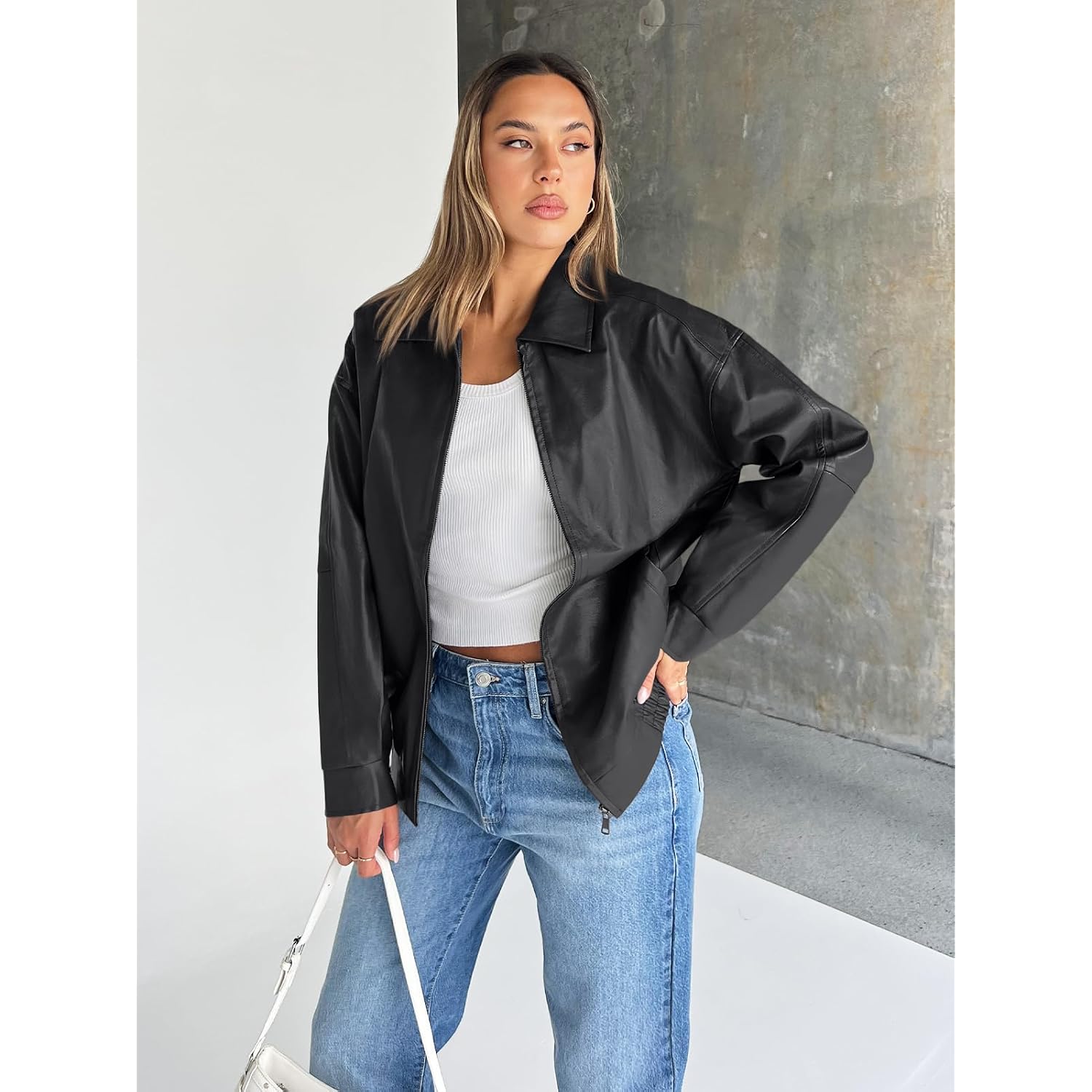 Trendy Queen Womens Oversized Leather Jacket Moto Bomber Coat Spring Fall | Spring Jacket Boyfriend Fall Clothes Going Out Fashion Concert Party Coat Travel Airport Winter Outfits