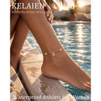 Anklets for Women Waterproof 14K Gold Plated Cz Beach Ankle Bracelets Dainty Summer Butterfly Clover Heart Bow Anklet Non Tarnish Layered Beach Jewelry Accessories for Women Trendy