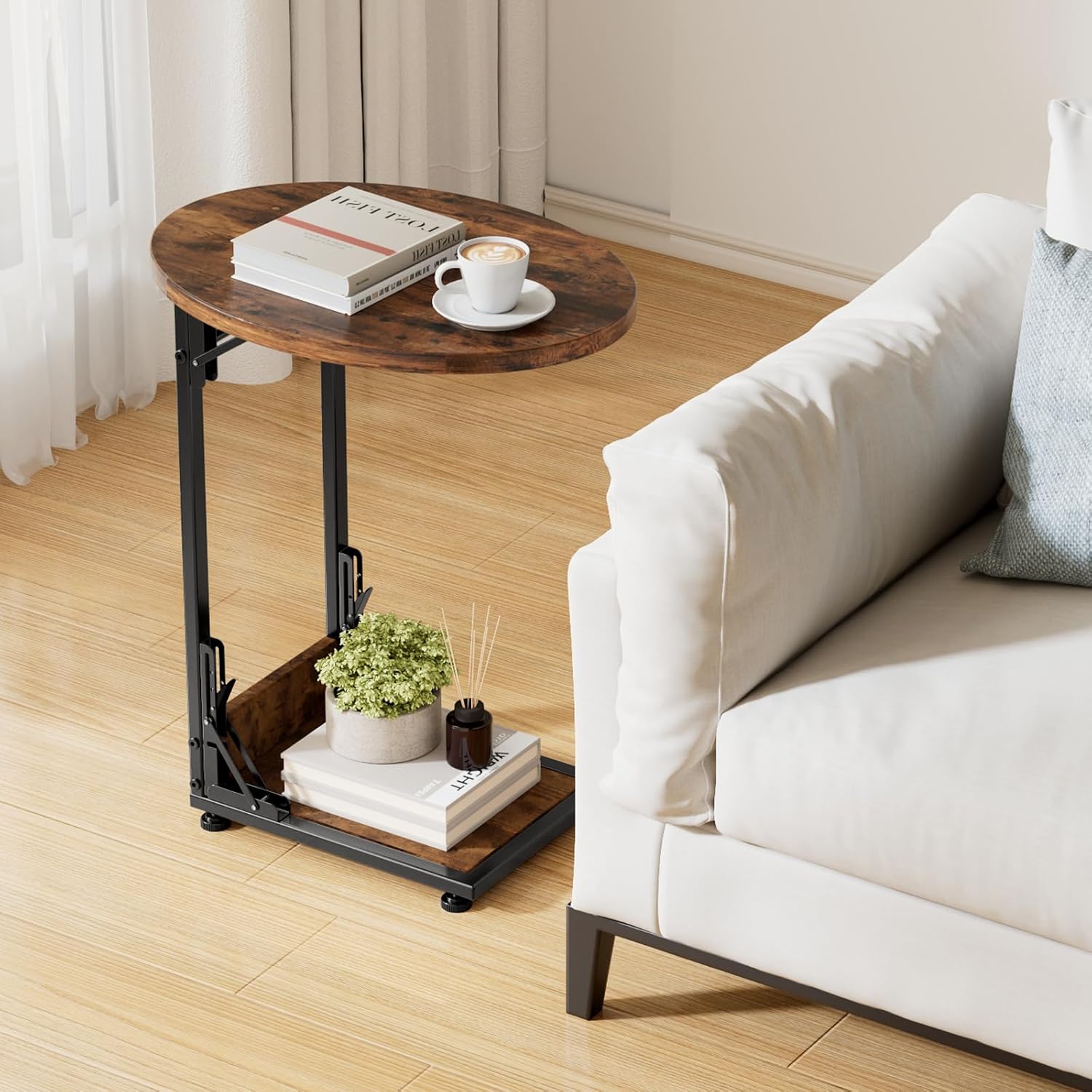 Folding Side Table End Couch Tables,Metal Frame C-Shaped Tv Stand For Sofa Living Bedroom Bedside Coffee Small Spaces(Vintage Wood Color)
