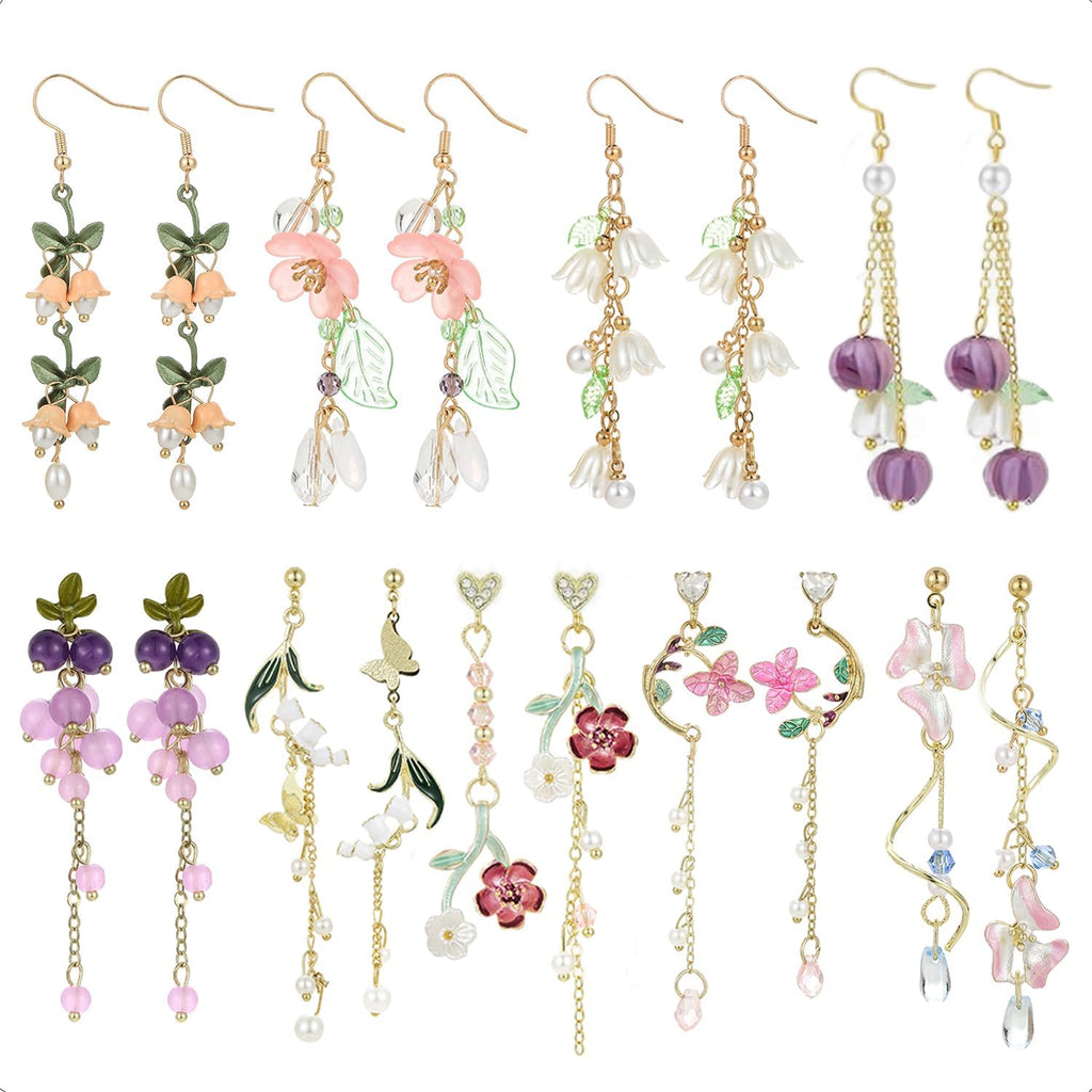 9 Pairs Floral Earrings Set Inspired Long Dangle Flower Leaf Designed Earrings With Pearl Accents And Tassel Details Hypoallergenic Statement Earrings for Women