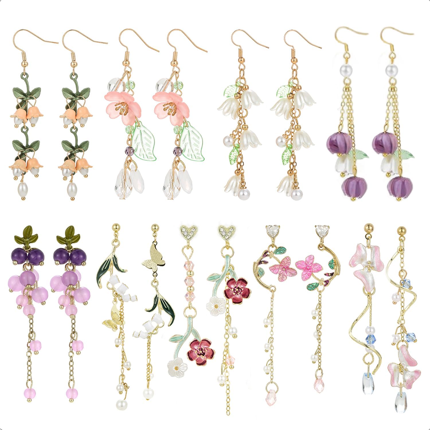 9 Pairs Floral Earrings Set Inspired Long Dangle Flower Leaf Designed Earrings With Pearl Accents And Tassel Details Hypoallergenic Statement Earrings for Women