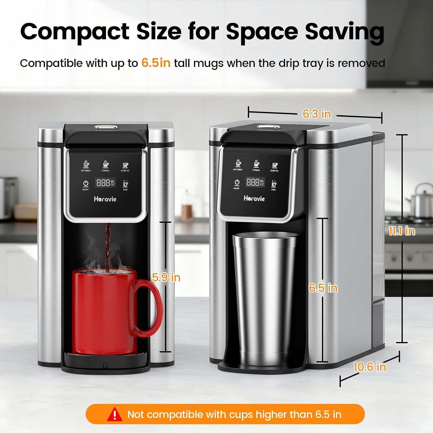 Horavie Single Serve Coffee Maker For K-Cup Pod And Grounds, Hot & Iced Coffee Maker, Strong Button Feature, 6 To 14Oz Brew Sizes, 50Oz Removable Reservoir, Fit 6.5" Mugs, Stainless Steel, Black