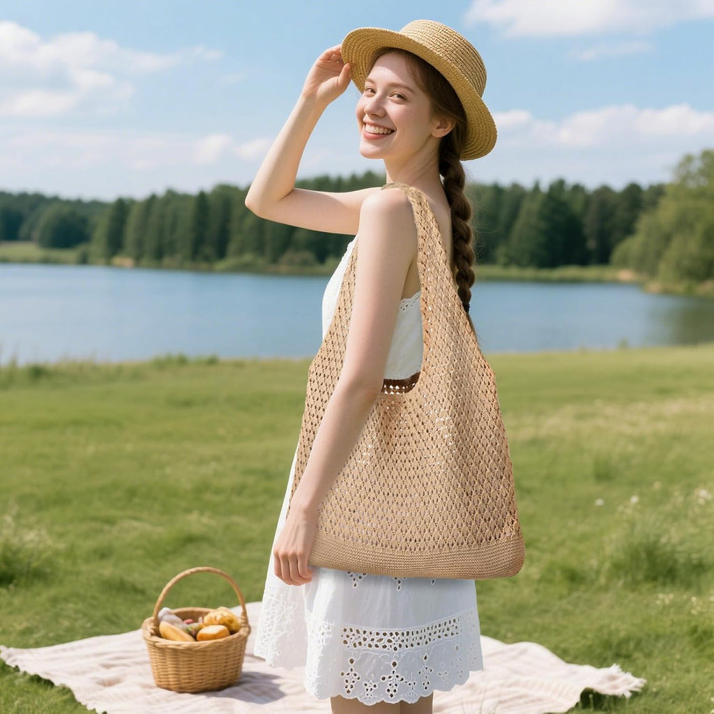 Crochet Bags, Beach Mesh Tote Bag Womens Shoulder Shopping Handbag Casual Travel Totes Bag Foldable Hobo Bags