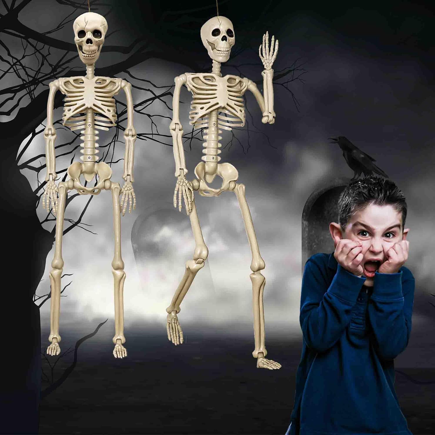 2 Pack 36"Halloween Skeleton - 3 Ft Life Size Human Skeleton With Full Body Posable Joints Plastic Skeleton For Halloween Skeletons Decor Yard Patio Lawn Garden Skeleton Props Spooky Party Decoration