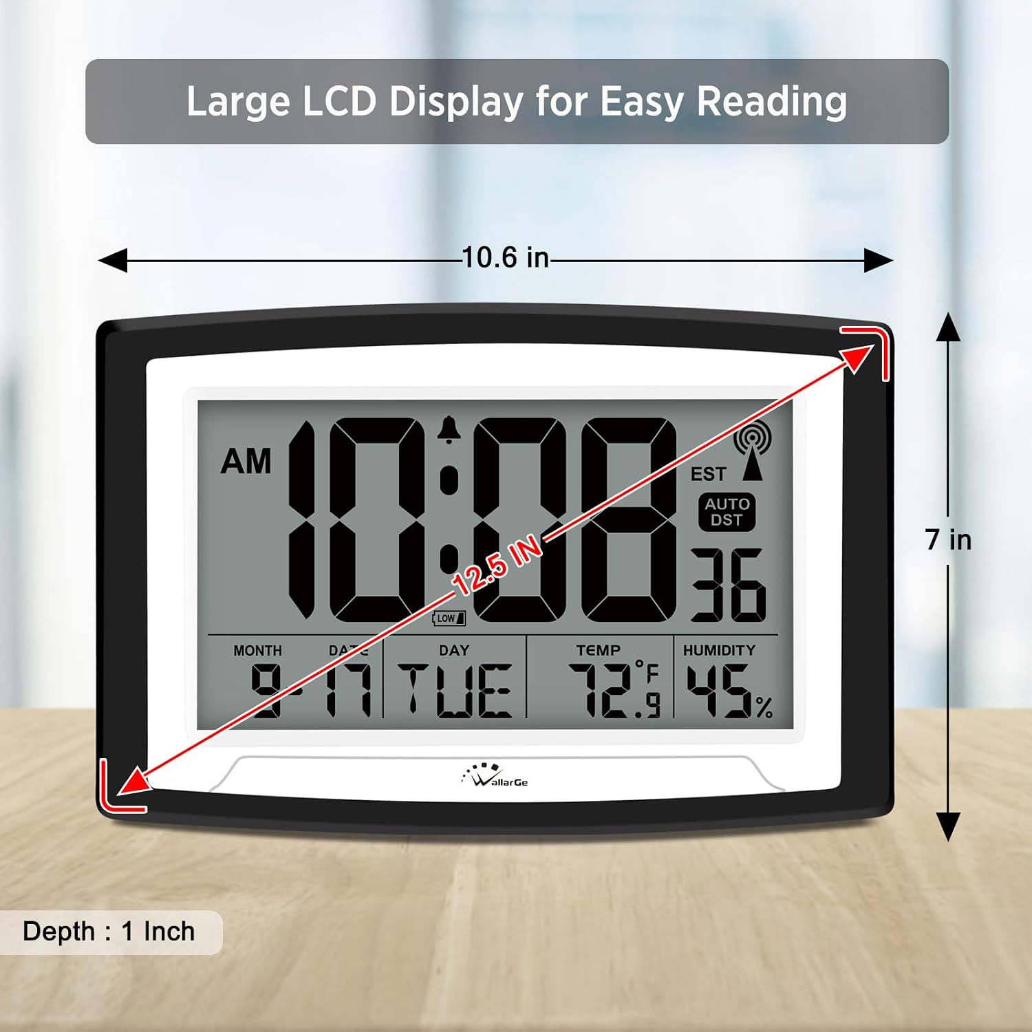 Atomic Clock With Indoor Temperature And Humidity, 12.5 Inch Self-Setting Digital Wall Clock Or Desk Clock, Battery Operated Digital Clock Large Display For Seniors, Auto Dst