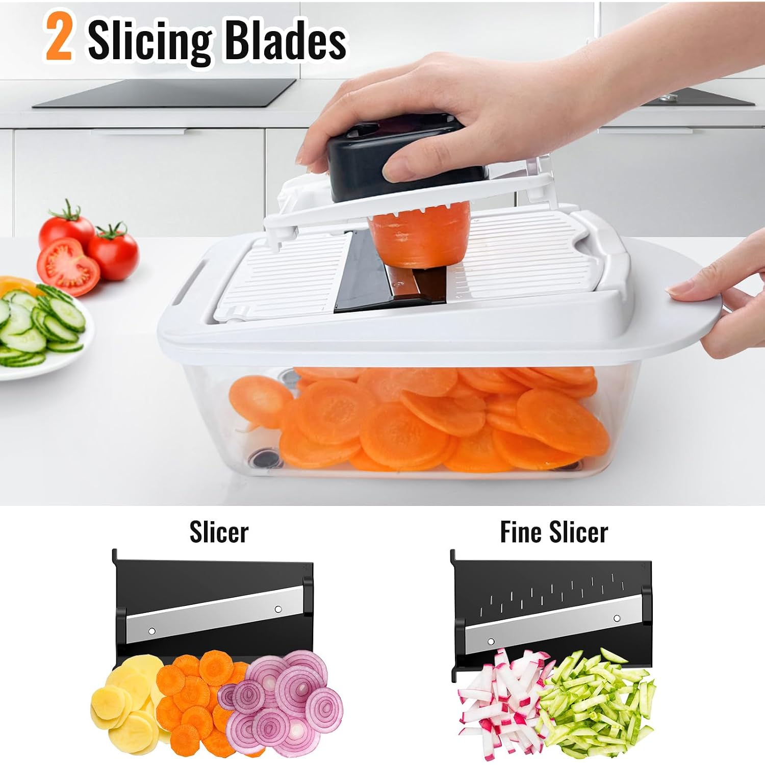 8 Blade All-In-1 Vegetable Chopper Mandoline Slicer With Container, Food Chopper, Onion Chopper, Veggie Cutter For Salad, Kitchen Gadgets Accessories Essentials, White