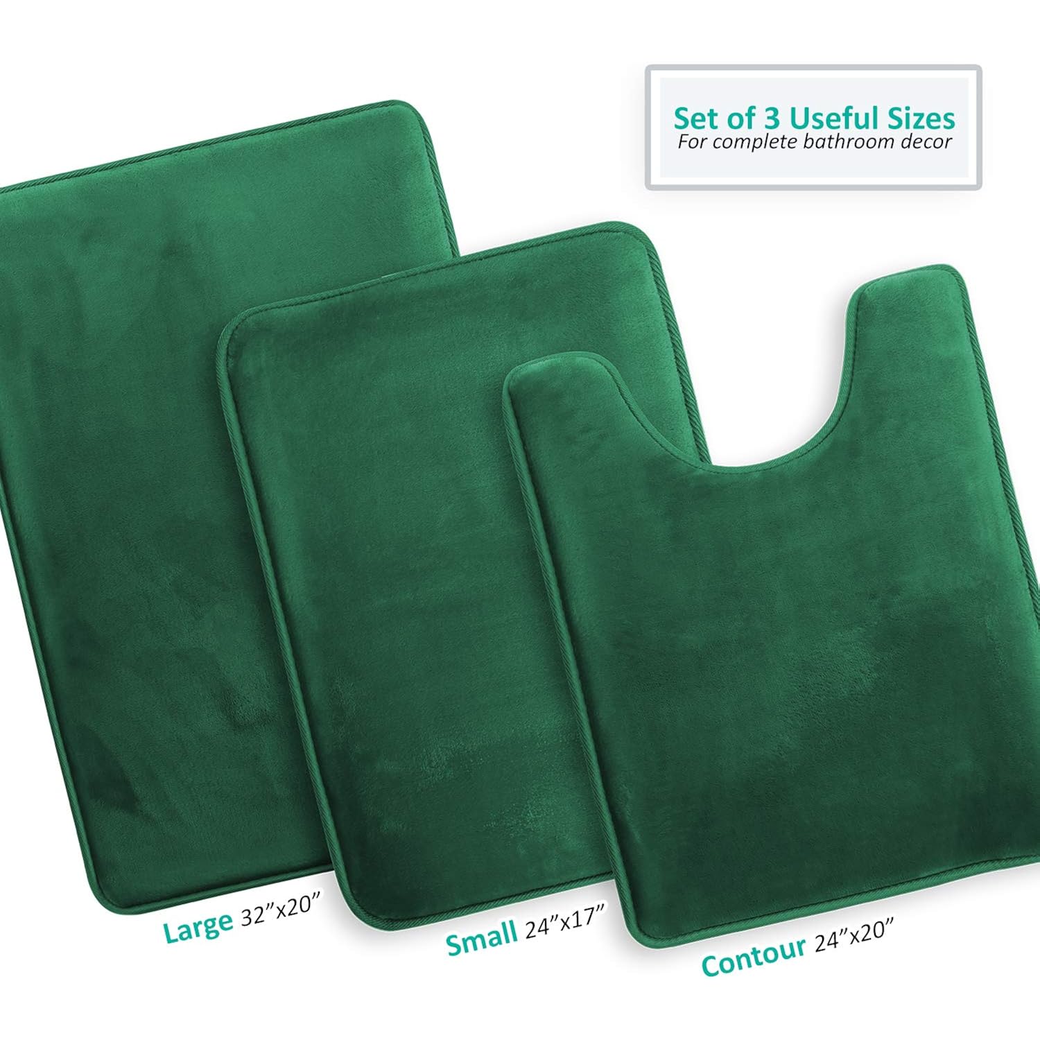 Clara Clark 3 Piece Bathroom Rugs Bath Mat Set, Velvet Memory Foam Bath Mats for Bathroom - Non-Slip, PVC Backing Bath Rugs, Washable - Dries Quickly, Green