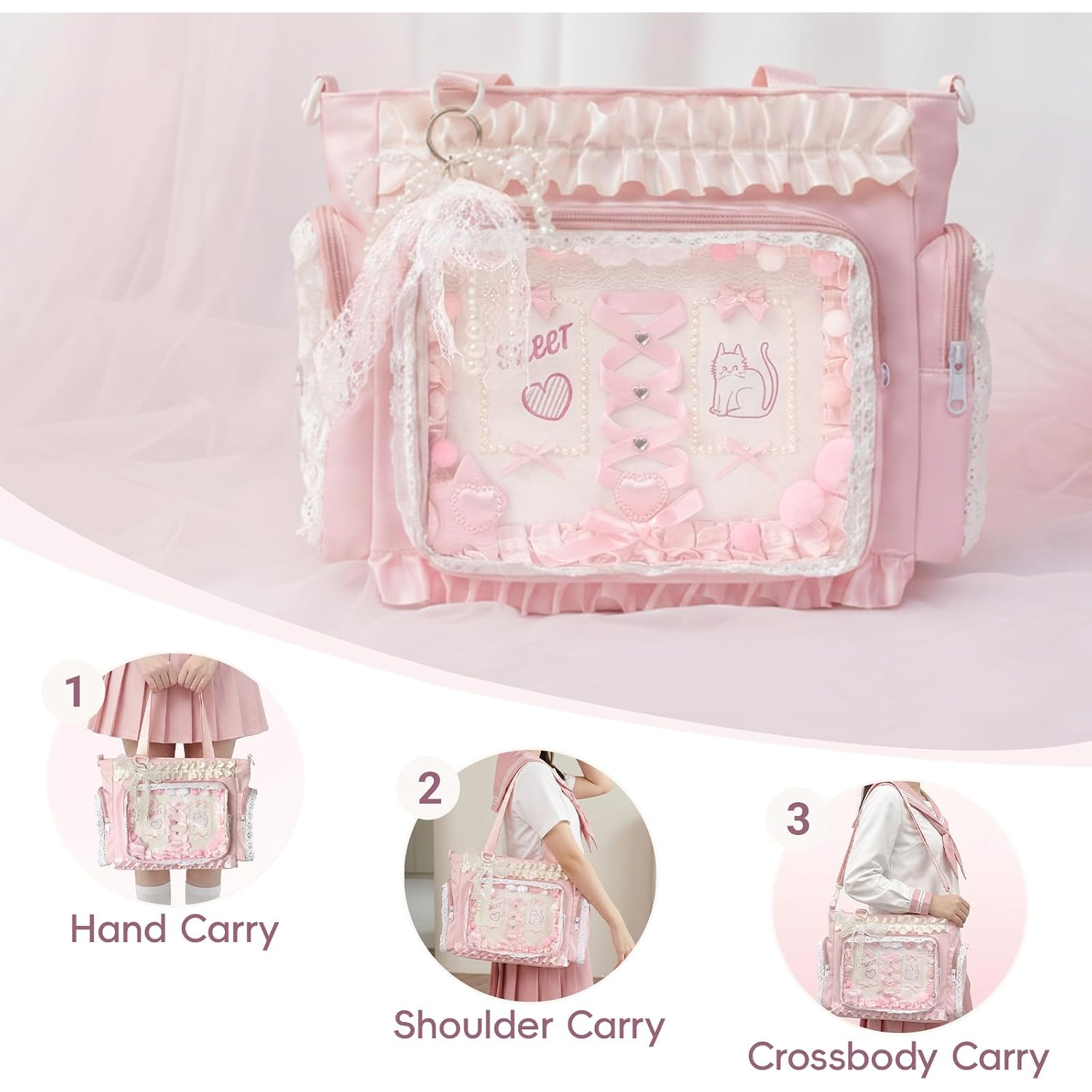 Ita Bag With Diy Accessory Kit - Clear Window Y2K Kawaii Lace Crossbody Bag With Display Insert For Pins & Button Badges