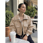 Tankaneo Womens Cropped Jacket Zip Up Lightweight Oversized Utility Anorak Coat With Pockets