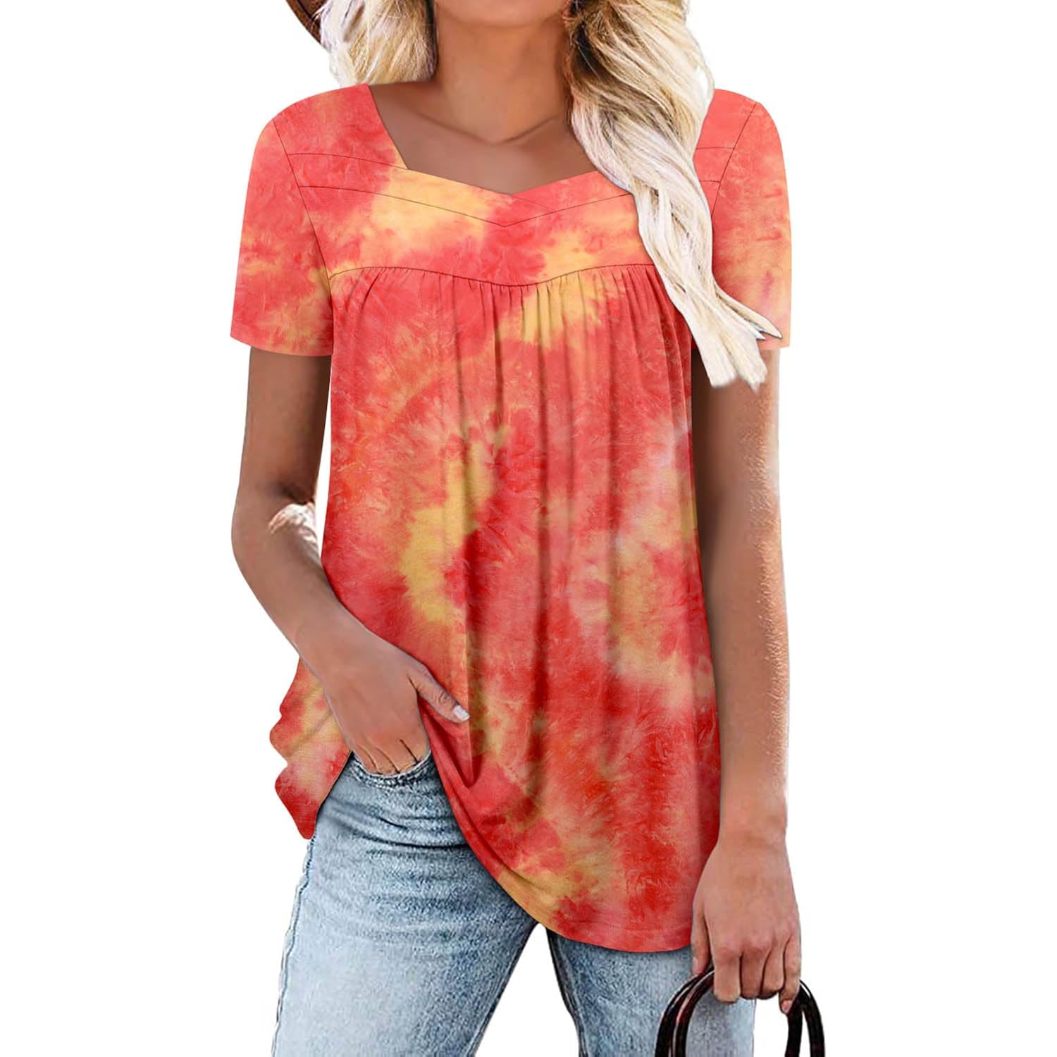 Womens Plus Size Short Sleeve Boho Tops Trendy Shirts Loose Fit Blouse Summer Tunic Top for Women S-3XL