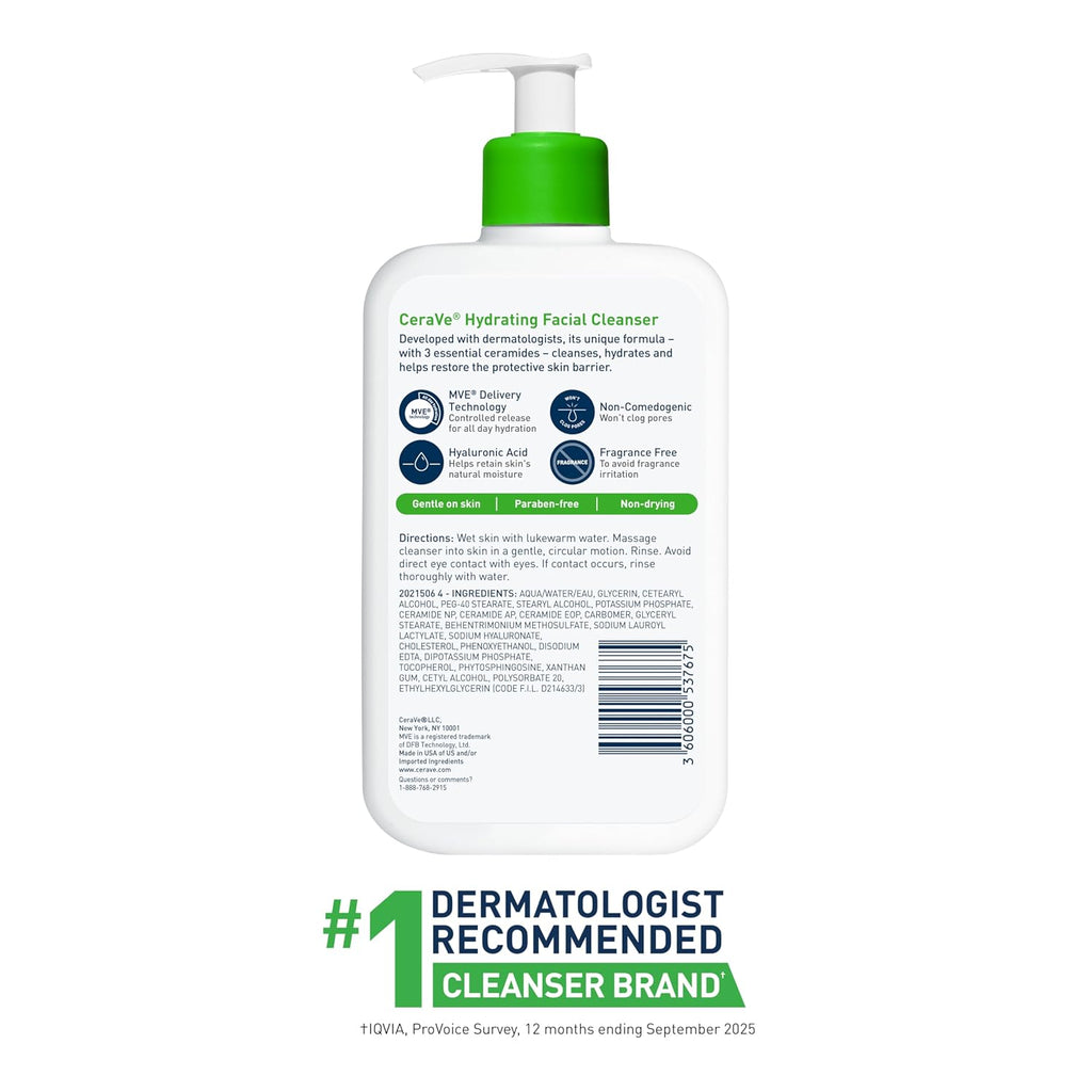 Cerave Hydrating Facial Cleanser, Moisturizing Face Wash For Dry Skin, Hyaluronic Acid + Ceramides + Glycerin, Hydrating Cleanser For Normal To Dry Skin, National Eczema Association Certified, 16 Oz
