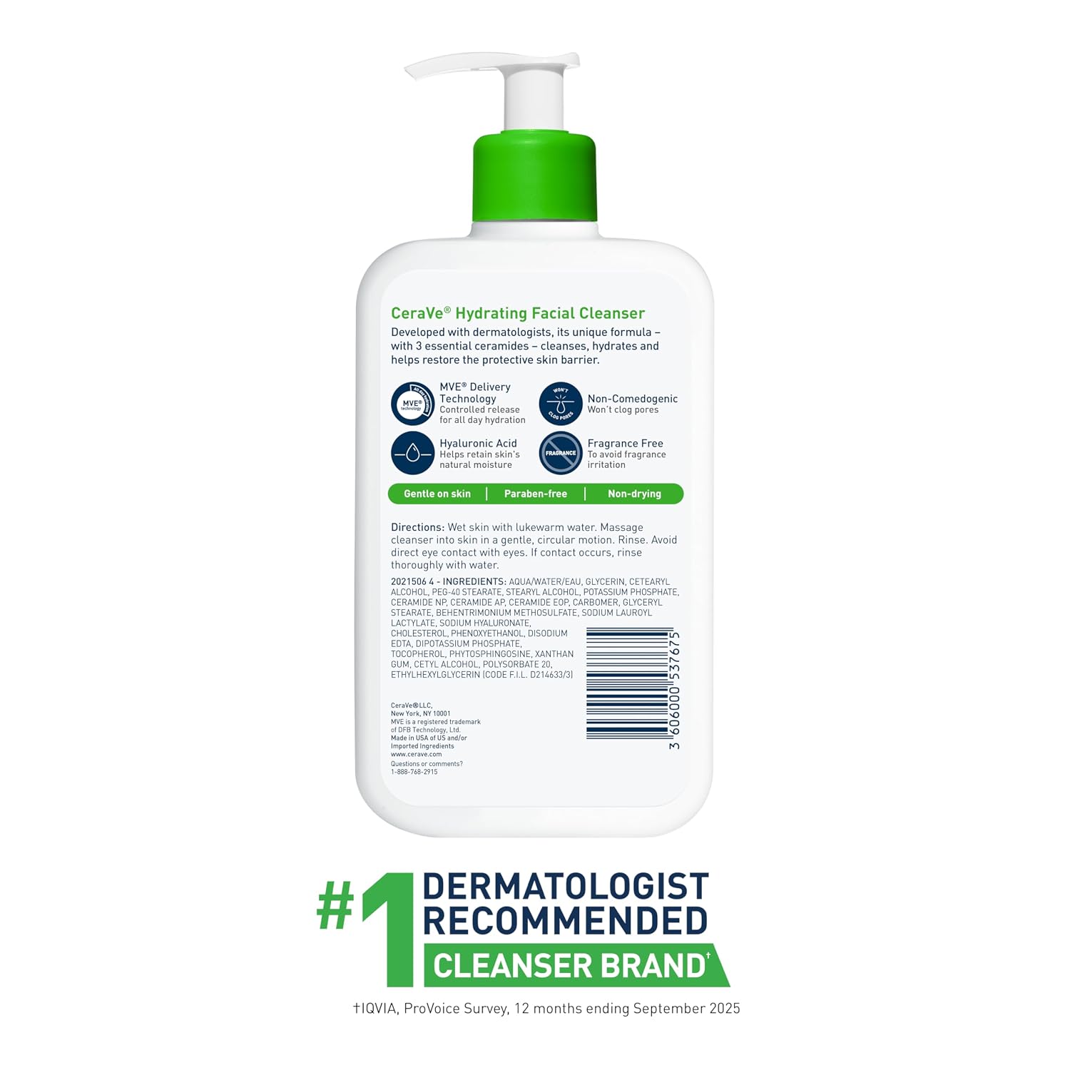 Cerave Hydrating Facial Cleanser, Moisturizing Face Wash For Dry Skin, Hyaluronic Acid + Ceramides + Glycerin, Hydrating Cleanser For Normal To Dry Skin, National Eczema Association Certified, 16 Oz