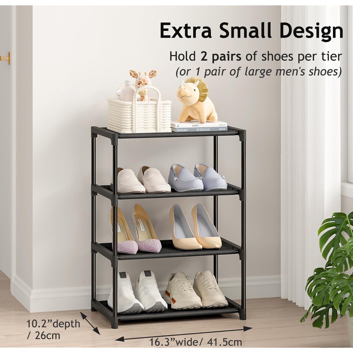 4 Tier Extra Small Shoe Rack (16.3" Wide), Narrow Stackable Kids Toddler Adult Shoe Storage Organizer Shelf For Closet Floor Entryway Bedroom, Space Saver Shoe Rack Organization Shelves