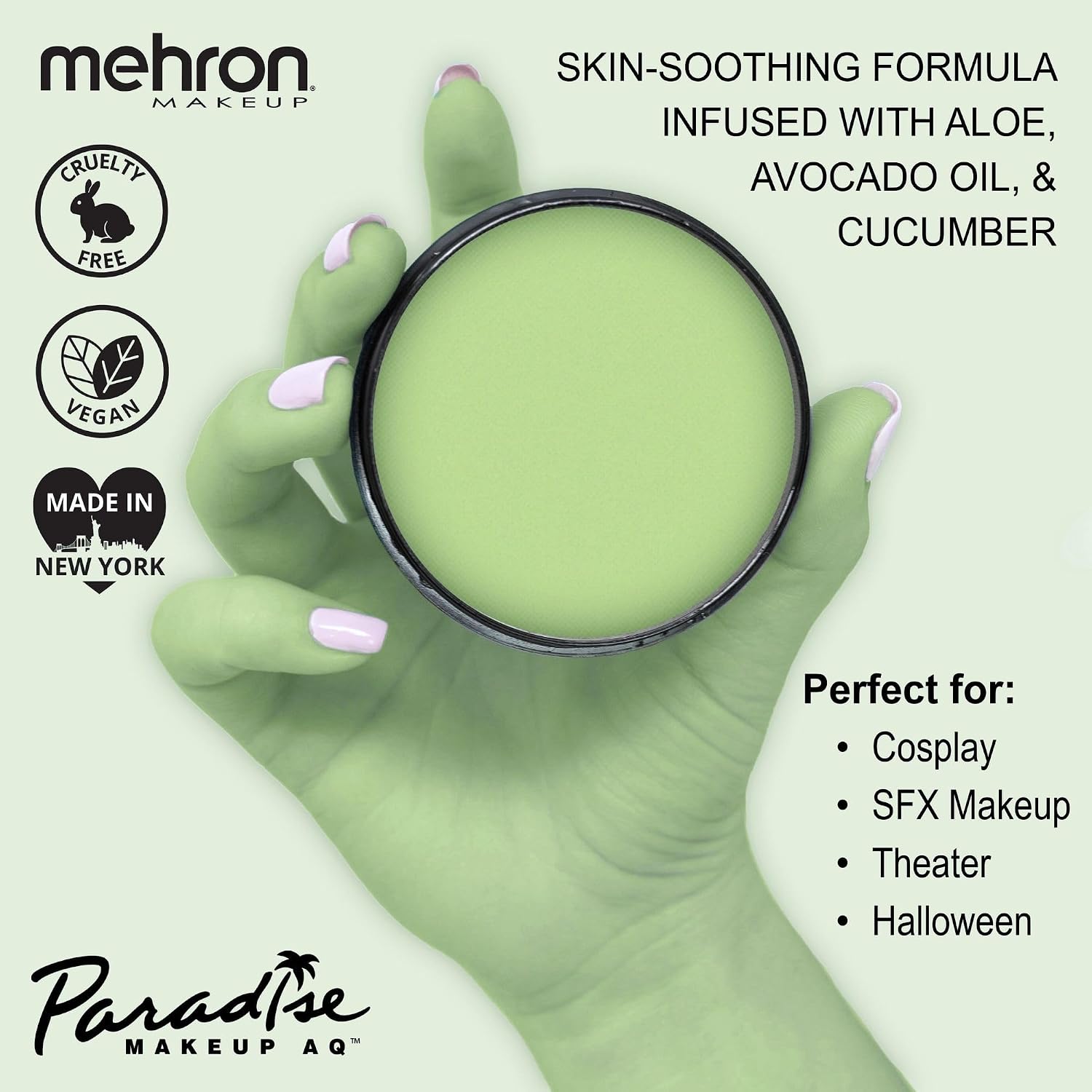 Mehron Makeup Paradise Makeup Aq Pro Size | Stage & Screen Performance, Face & Body Painting, Beauty, Cosplay, And Halloween | Water Activated Face Paint, Body Paint 1.4 Oz (40 G) - Pastel Green