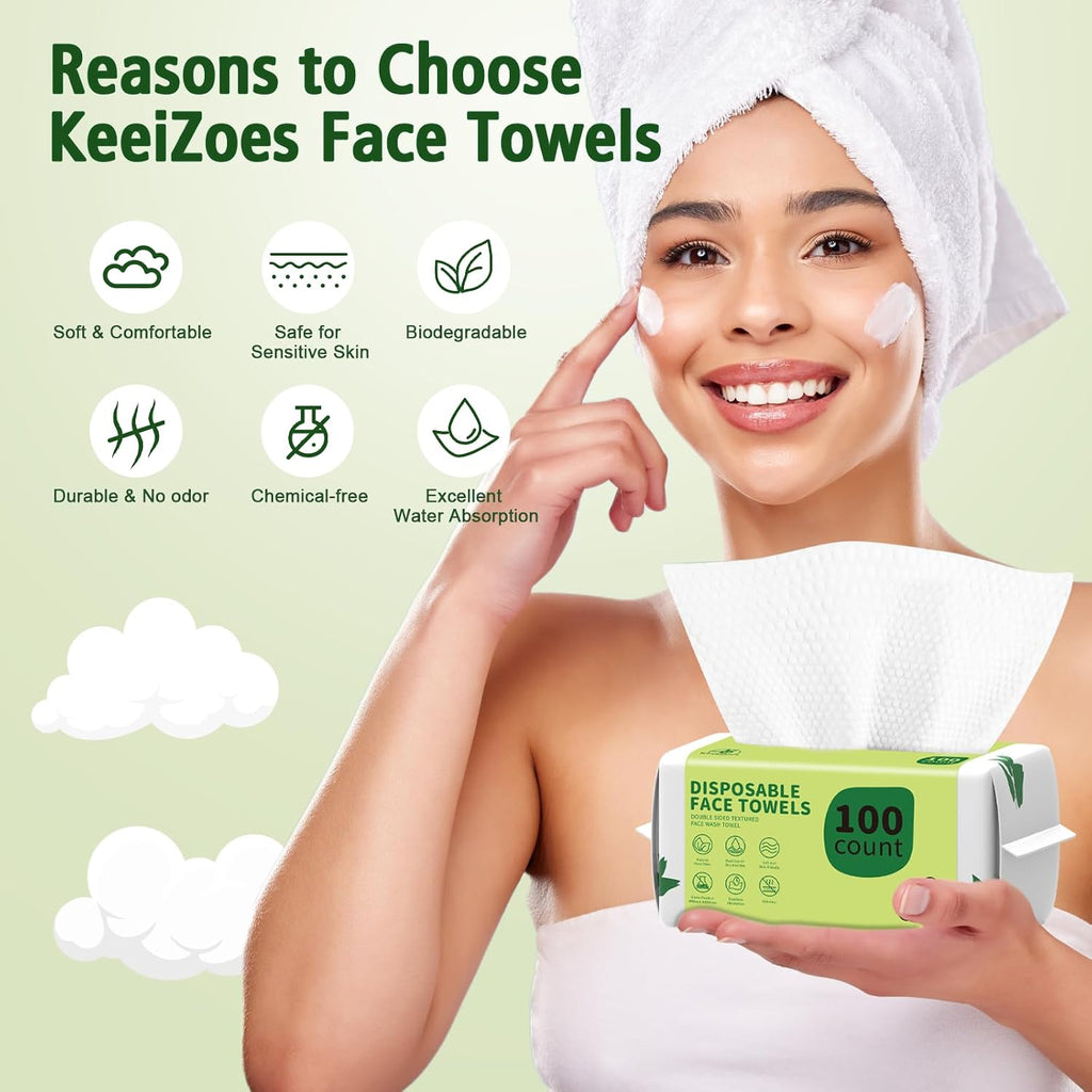 Disposable Face Towels 100 Count, Biodegradable Ultra Soft & Thick Facial Towels For Sensitive Skin, Lint-Free Makeup Remover Dry Wipes, Multi-Purpose Cleansing Towelettes For Face Wipes, Skincare