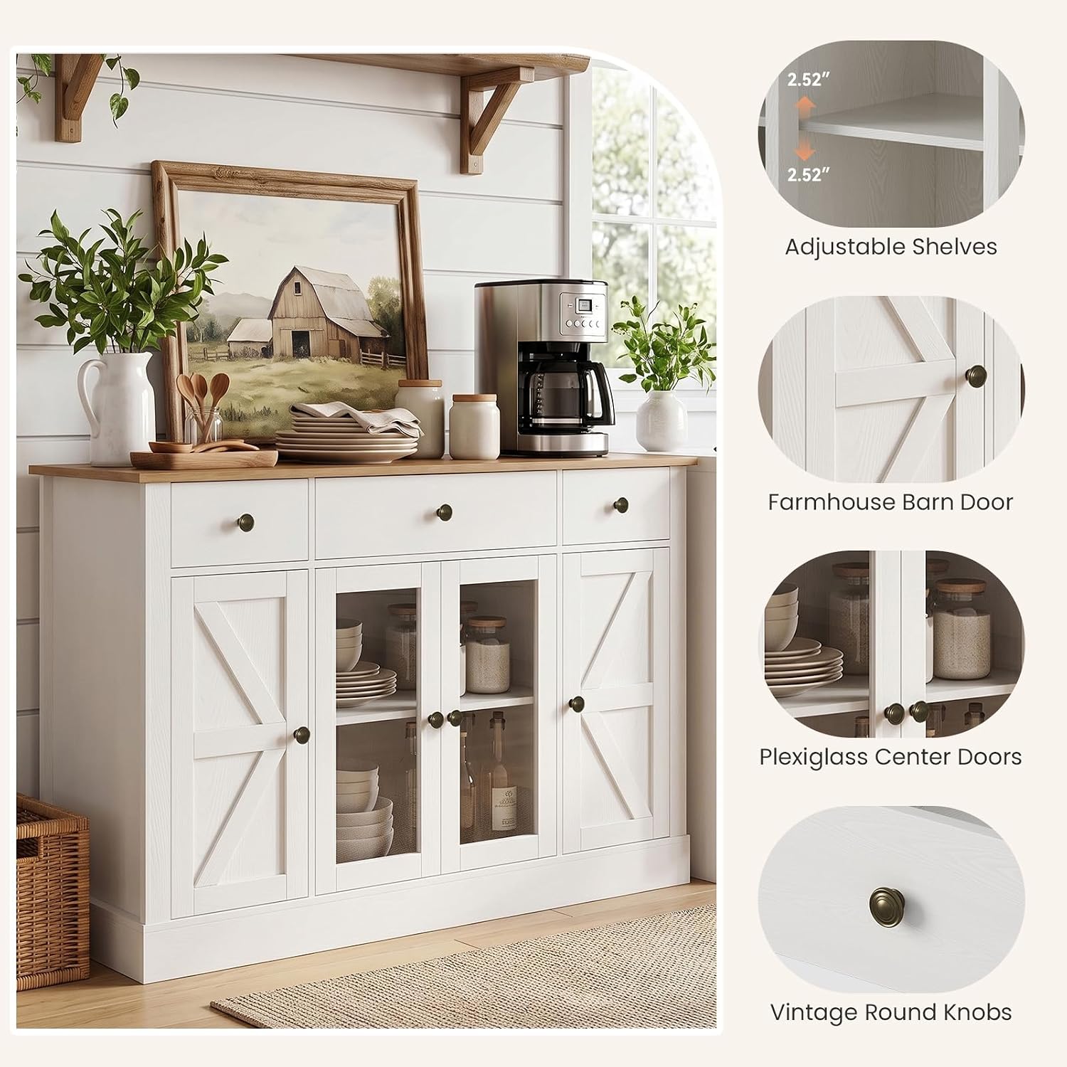 55" Large Buffet Cabinet With Storage, Coffee Bar Cabinet With 4 Doors And 3 Drawers, Kitchen Cabinet With Plexiglass Doors For Living Room, White