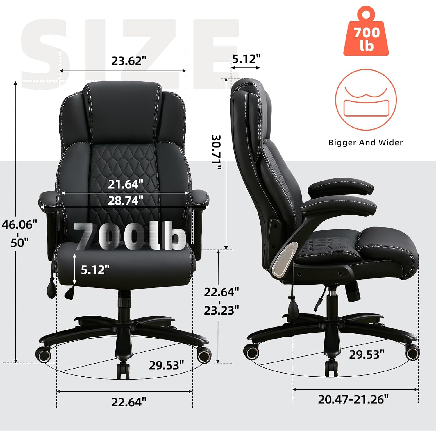 700Lbs Big And Tall Office Chair - Heavy Duty Executive Desk Chair With Inflatable Lumbar Support, Extra Wide Padded Seat, Flip-Up Arms, Metal Base & Quiet Rubber Wheels, High Back Ergonomic Chair