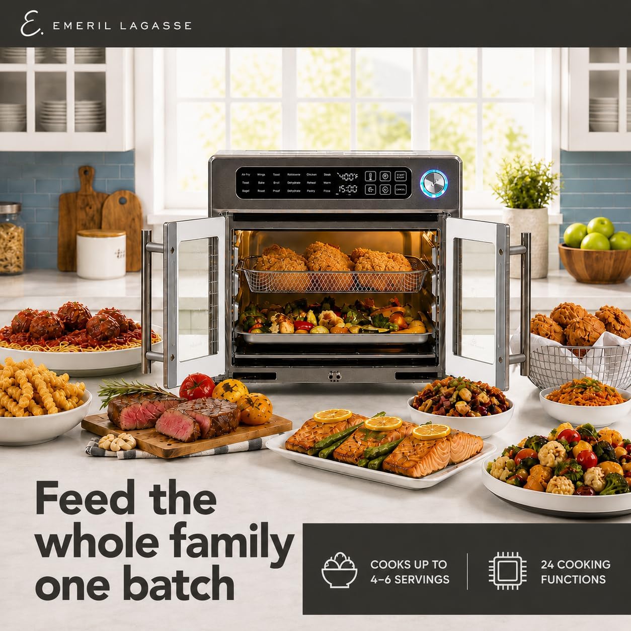 Emeril Lagasse Extra Large French Door Air Fryer Toaster Oven Combo, 24 Cooking Functions And Digital Controls, 7 Accessories Included, Stainless Steel Finish, 26Qt Capacity