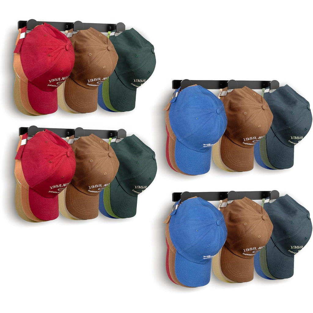 4 Packs Hat Rack For Wall, Hat Organizer For Baseball Caps Holds 36 Hats, 3 Mounting Options Hat Hook Hanger, Strong Baseball Hat Holder Storage, Cap Display For Door, Room, Closet (Black)