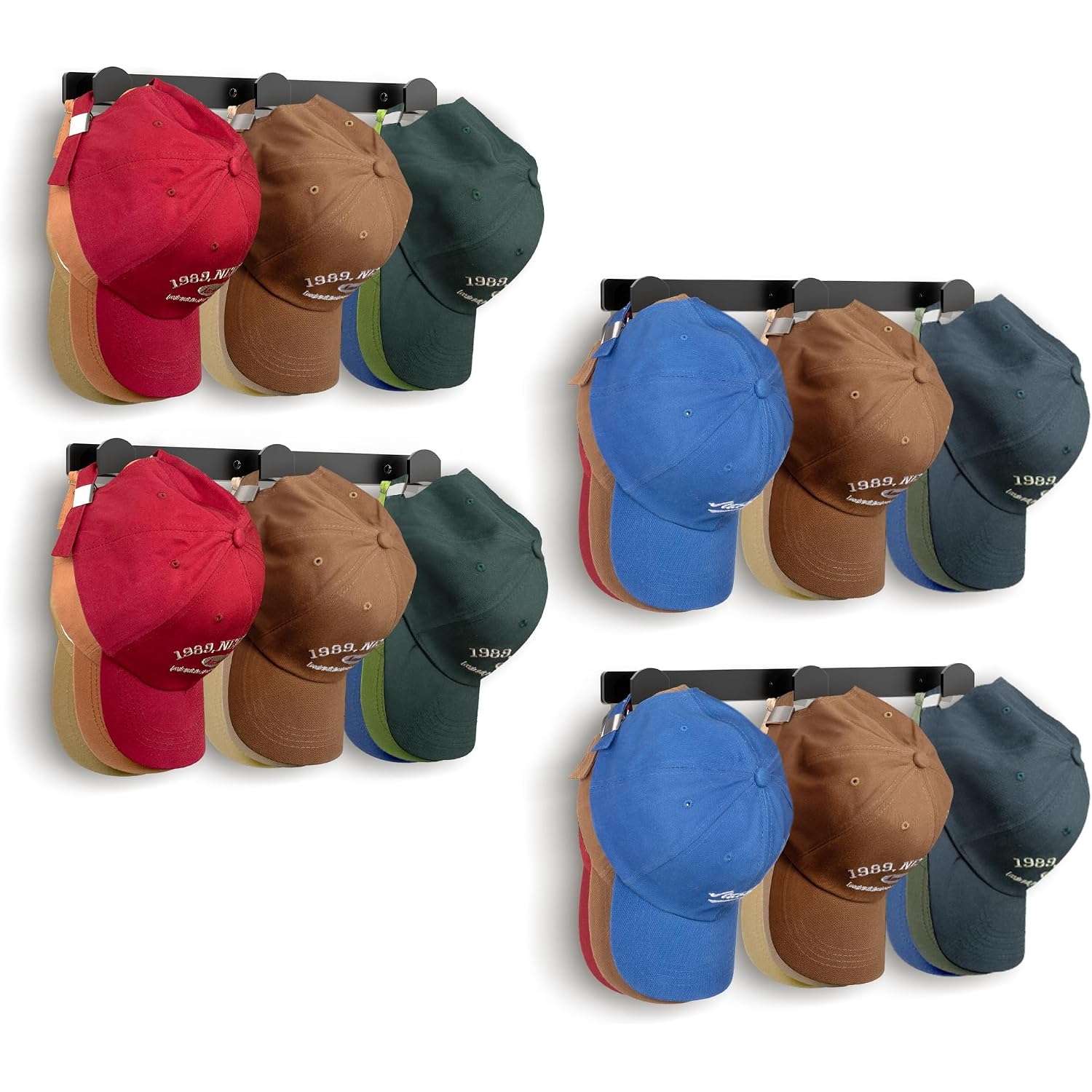 4 Packs Hat Rack For Wall, Hat Organizer For Baseball Caps Holds 36 Hats, 3 Mounting Options Hat Hook Hanger, Strong Baseball Hat Holder Storage, Cap Display For Door, Room, Closet (Black)