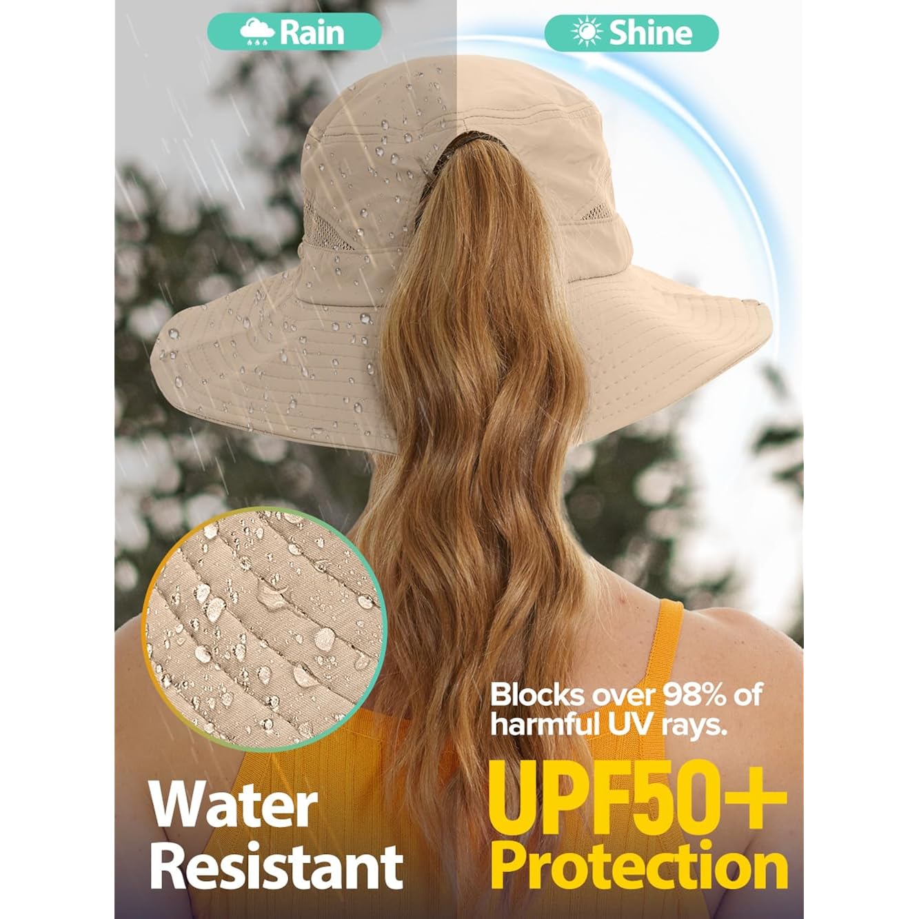 Sun Bucket Beach Hats for Women with Ponytail Hole,Sun Protection UV UPF50+ Waterproof Fishing Safari Hiking Hat