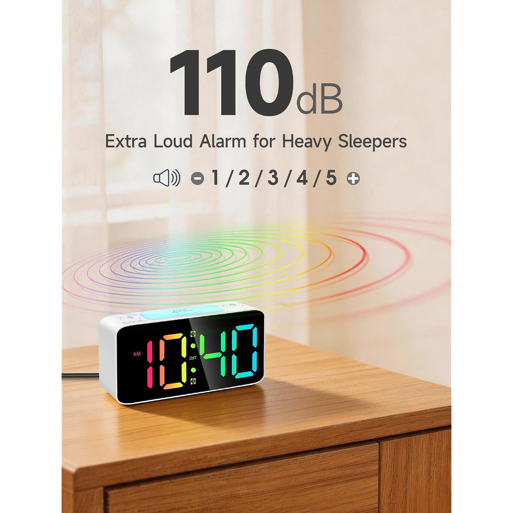 Cadmos 110Db Extra Loud Alarm Clock For Heavy Sleepers Adults, Digital Clock With 7 Color Night Light, Rgb Display, Dual Usb Charger, Small Clocks For Bedrooms, Kids, Teens (White+Rgb)
