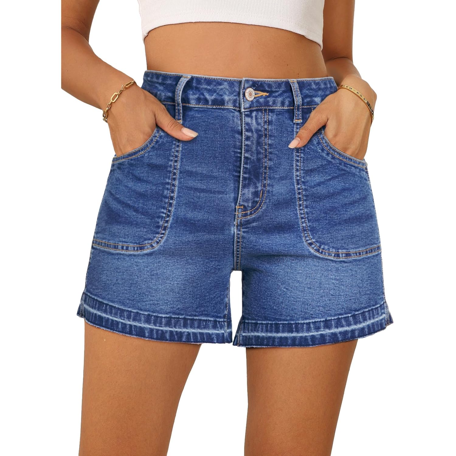 Womens Jean Shorts Stretchy High Waisted 2026 Straight Leg Frayed Raw Hem Casual Denim Shorts with Pockets