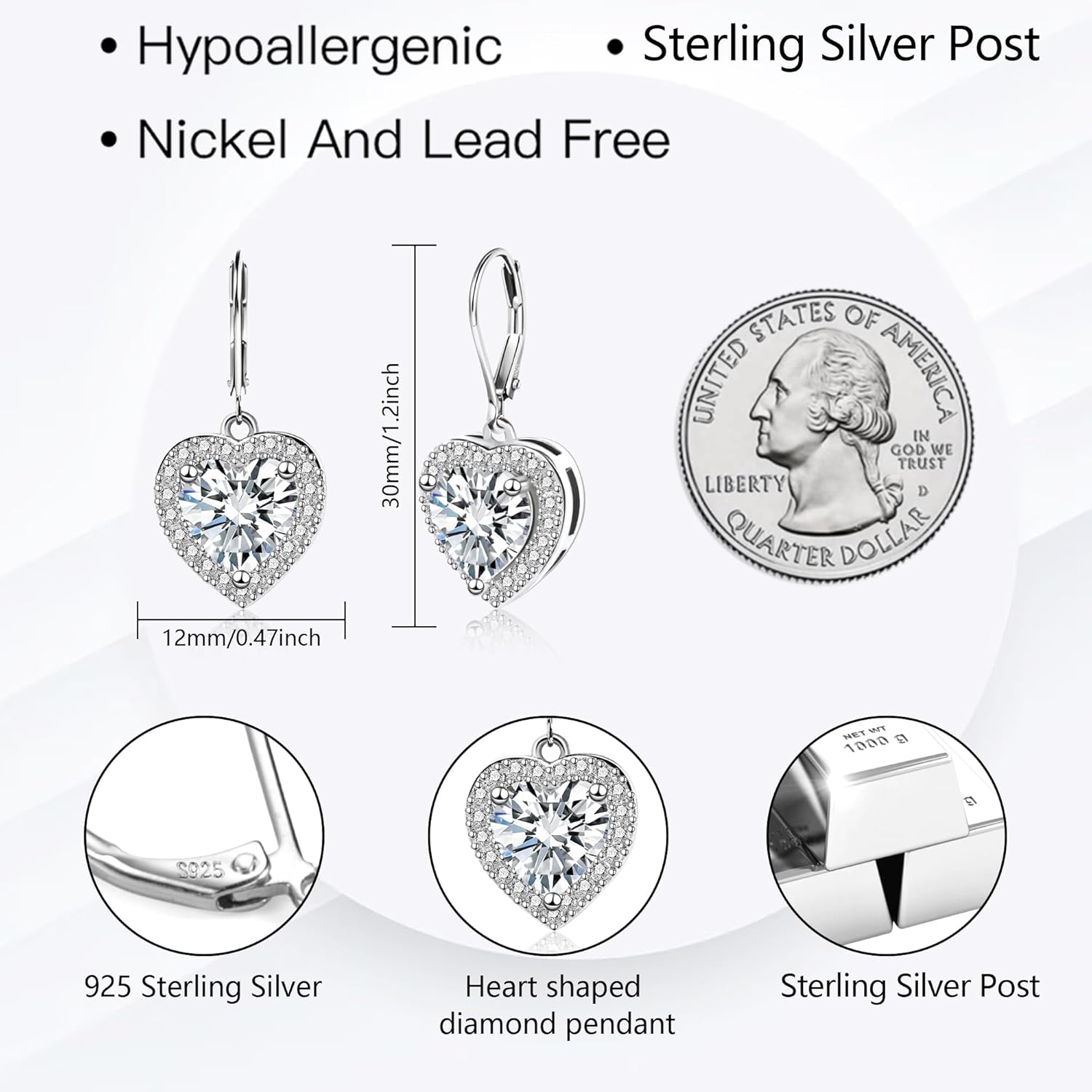 925 Sterling Silver 14K Gold Plated Heart Dangle Earrings, ALEXCRAFT Dangling Drop Earring for Trendy Women Leverback Earings Cubic Zirconia Hypoallergenic