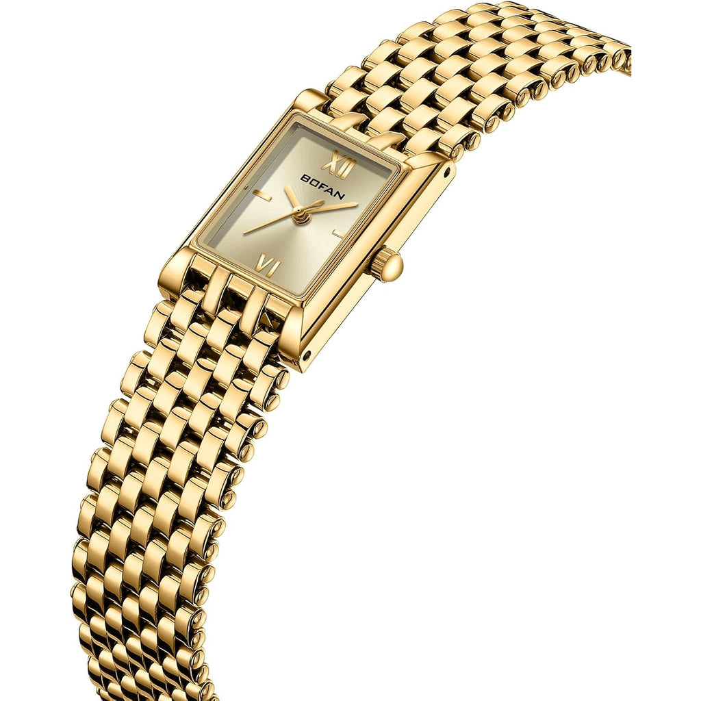 Bofan Gold Watches For Women Luxury Ladies Quartz Wrist Watch With Stainless Steel Bracelet,Waterproof,Casual Fashion Square Dial.Band Adjustment Tool Included