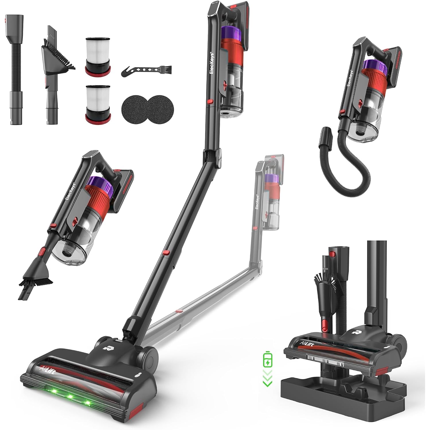 Eleckeys 650W Cordless Vacuum Cleaner For Home, Pet Hair & Hardwood Floors, 55Kpa Lightweight Vacuum Cleaners With 65 Mins Runtime, Self-Standing, Foldable Tube, Charging Dock & Anti-Tangle Brush