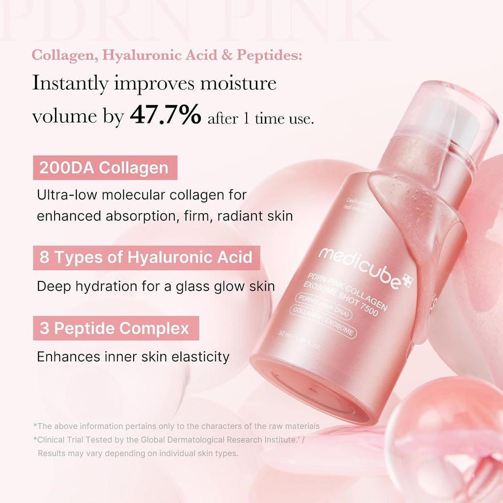 Medicube Exosome Shot Pdrn Pink Collagen 7,500 Ppm Spicule Facial Serum | Liquid Skin Booster | Exosome, Salmon Dna Spicules | Uneven Skin Tone, Pore Care, Skin Texture | Korean Skincare, 1.01 Fl.Oz