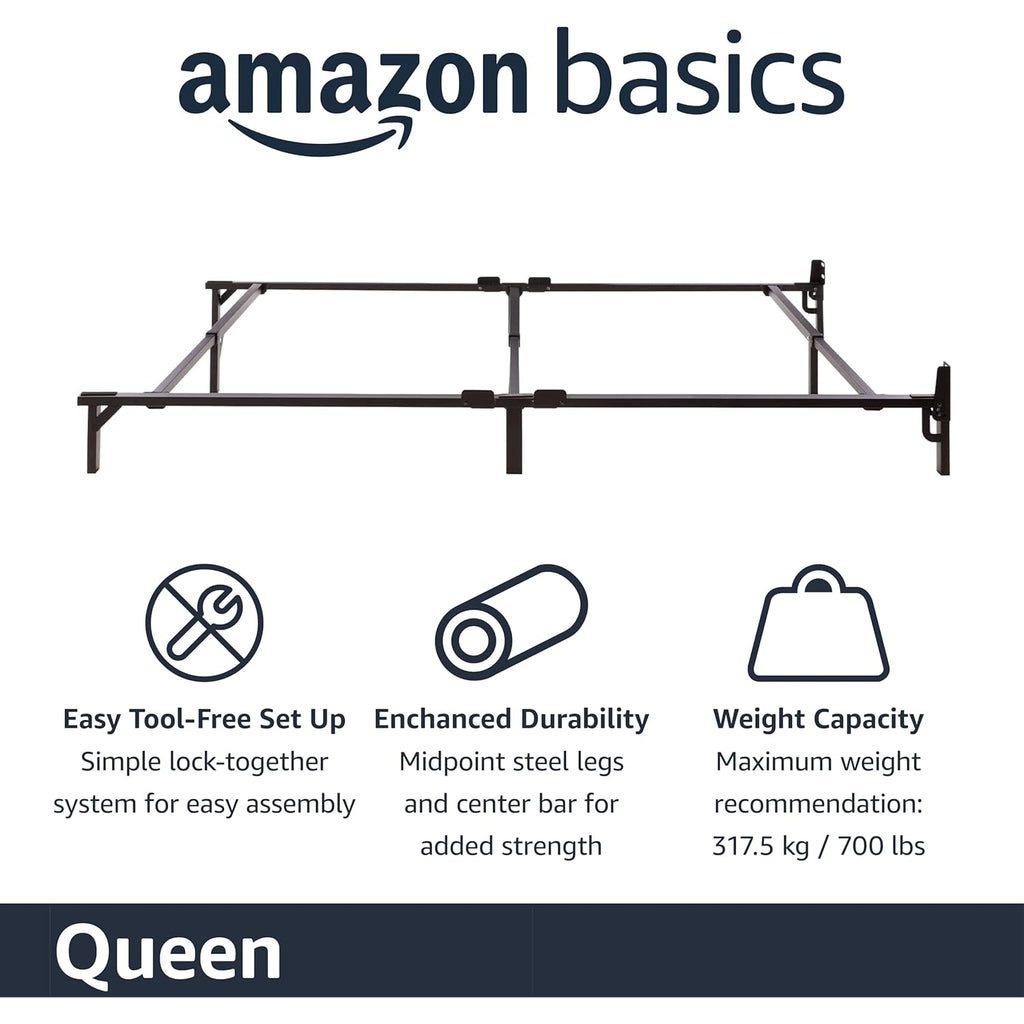 Amazon Basics Metal Bed Frame, 9-Leg Support Base for Box Spring and Mattress, Queen Size, Tool-Free Easy Assembly, 79.5" L x 59.5" W x 7" H, Black