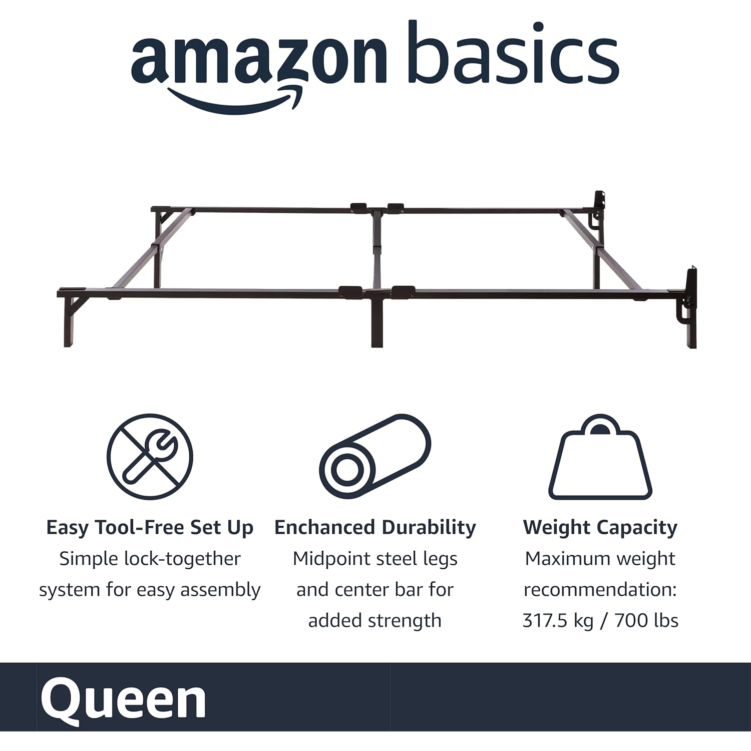 Amazon Basics Metal Bed Frame, 9-Leg Support Base for Box Spring and Mattress, Queen Size, Tool-Free Easy Assembly, 79.5" L x 59.5" W x 7" H, Black