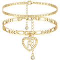 YANODA Initial Ankle Bracelets for Women 14K Gold Plated Layered Figaro Chain Letter Initial Anklets Handmade Layered Heart Ankle Bracelets Personalized Jewelry for Women