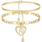 YANODA Initial Ankle Bracelets for Women 14K Gold Plated Layered Figaro Chain Letter Initial Anklets Handmade Layered Heart Ankle Bracelets Personalized Jewelry for Women